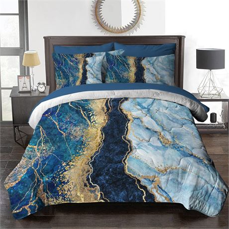 BlessLiving Marble Bed in A Bag Navy Blue Gold Glitter Comforter