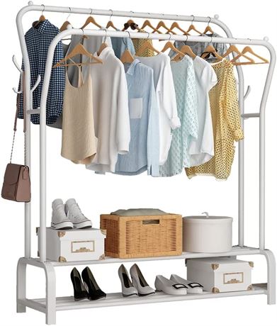 UDEAR Garment Rack with Freestanding Hanger Double Rods, White