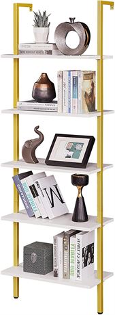 PRAISUN Ladder Shelf, 5 Tier Industrial Bookshelf, White and Gold