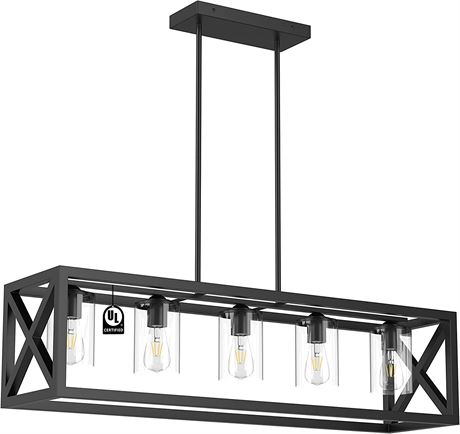 Farmhouse Chandelier Rectangle Black, 5 Light Kitchen Island Cage