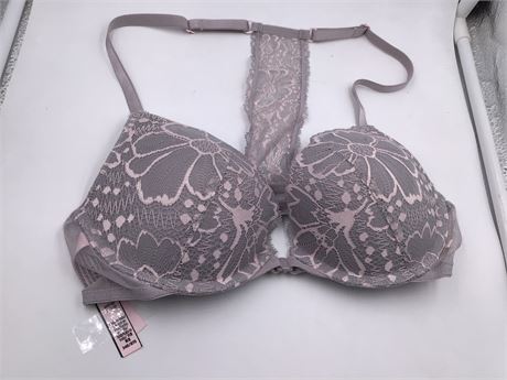 Victoria Secret Gray/Pink w/Floral Lace Bra - Wired - Push-Up - 34B