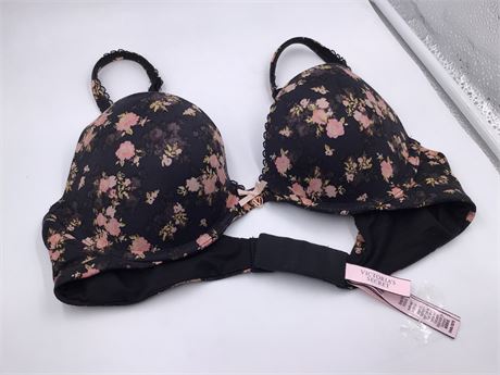 Victoria Secret Black w/Pink Floral Bra - Wired - Push-Up - 34B