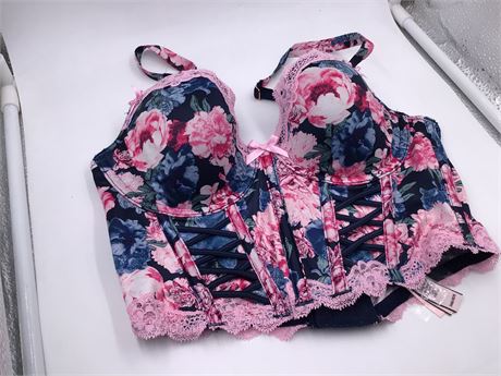 Victoria Secret Navy Blue w/Floral & Lace Bra - Wired - Push-Up - 34B