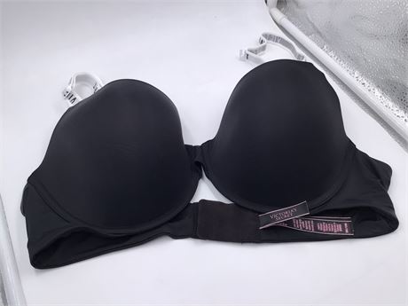 Victoria Secret Black w/White Straps/Black Writing Bra - Wired - Push-Up - 38C