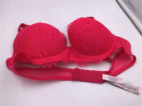 Victoria Secret Raspberry Red Colored w/Floral Lace Bra - Wired - Push-Up - 34B