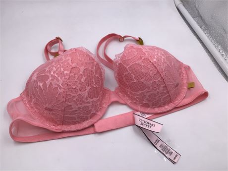 Victoria Secret Brick Pink Colored w/Floral Lace Bra - Wired - Push-Up - 34B