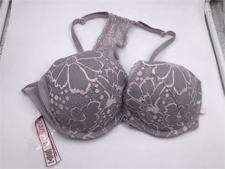 Victoria Secret Gray/Pink w/Floral Lace Bra - Wired - Push-Up - 34C