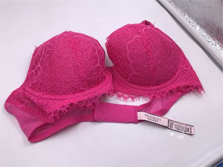 Victoria Secret Magenta Hot Pink w/Floral Lace Bra - Wired - Push-Up - 34C