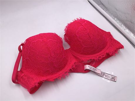 Victoria Secret Raspberry Red Colored w/Floral Lace Bra - Wired - Push-Up - 34C