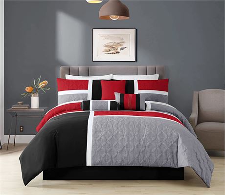 Chezmoi Collection 7-Piece Quilted Patchwork Comforter Set Red/Gray/Black Queen