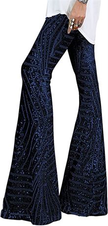 BLENCOT Sequin Pants for Women High Waist Bell Bottoms, Navy, Small