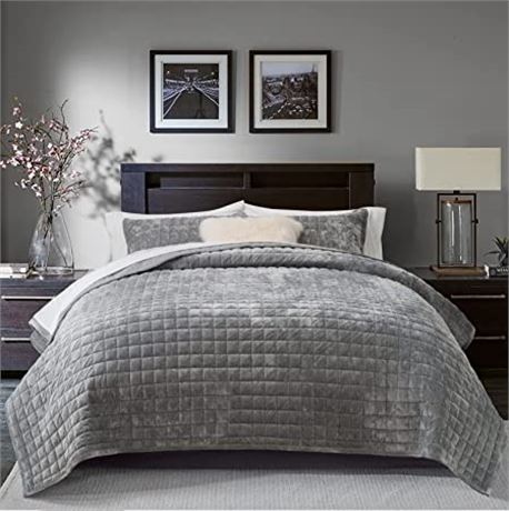 RECYCO Luxury Velvet Quilt Set with 2 Matching Shams, Full/Queen Size, Gray