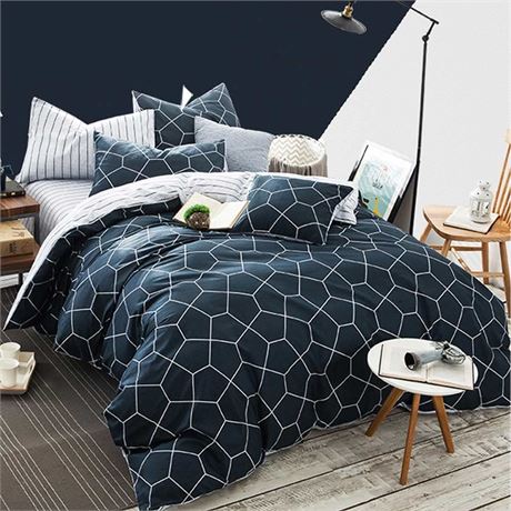 Nanko Queen Reversible Comforter Set, Navy Blue Geometric/Striped