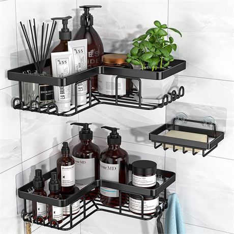 Corner Shower Caddy 3-Pack Adhesive Shower Caddy with Soap Holder and 12 Hooks