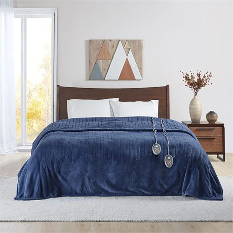 Beautyrest Reversible Microlight to Sherpa Electric Blanket, Indigo, Queen