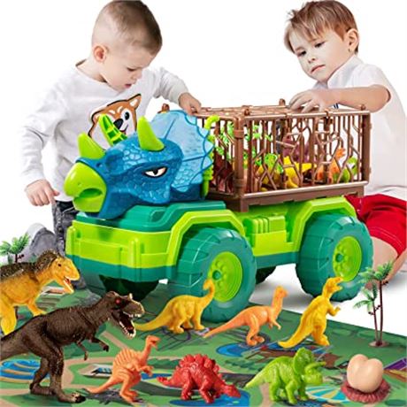 TEMI Dinosaur Truck Toy with Dino Figures/Map Cushion, Triceratops