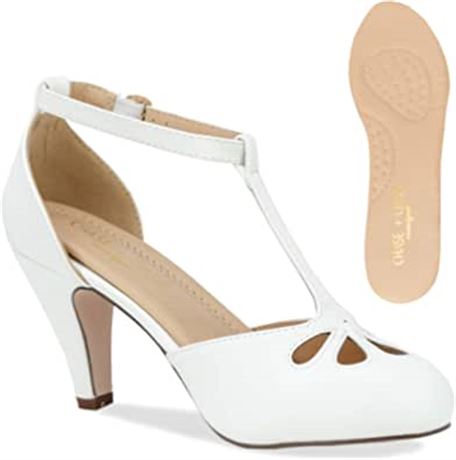 Chase & Chloe Kimmy-36 Women's Teardrop Cut Out T-Strap Mid Heel Dress Pumps