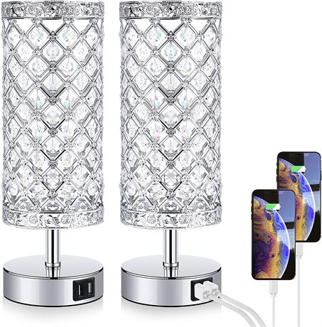 Crystal Table Lamp Set of 2 Bedside Nightstand Lamps