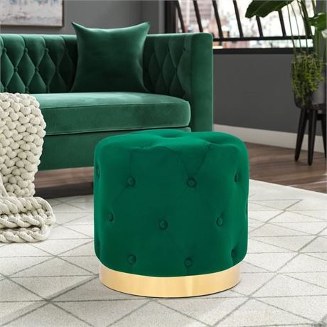 Adeco Round Velvet Green Ottoman - Green w/ Gold Base