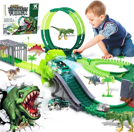 AOKESI Dinosaur Toys Race Car Track,Spray Dinosaur Racing Car