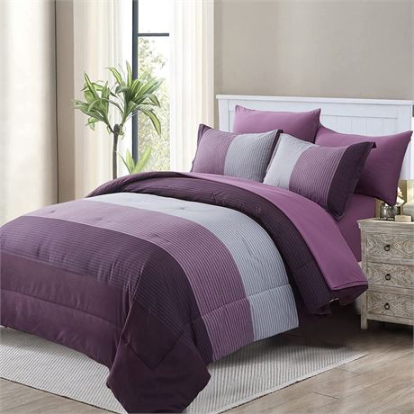 Purple Comforter Set Queen Reversible Purple Striped, Queen