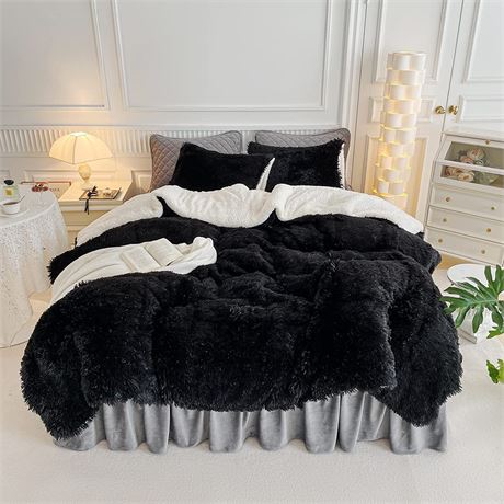 Black Faux Fur Comforter Set King (Missing 2 Black Pillow Cases)