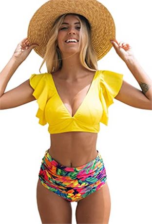 SPORLIKE Women Ruffle High Waist Swimsuit Two Piece