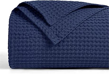 PHF 100% Cotton Waffle Weave Blanket, Queen Size, Navy