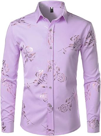 ZEROYAA Mens Hipster Gold Rose Printed Slim Fit Long Sleeve Dress Shirt - XL