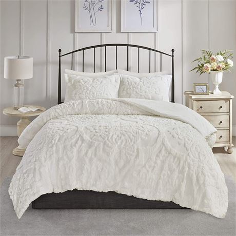 Madison Park Chenille Cotton Comforter Matching Shams Off White King/Cal King