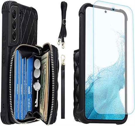 MONASAY Zipper Wallet Case for Galaxy S22+ Plus, Black