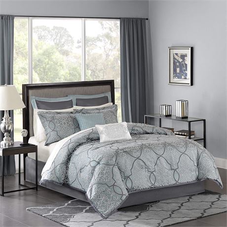 Madison Park LaVine King Comforter, Traditional Luxe Jacquard Design - Blue