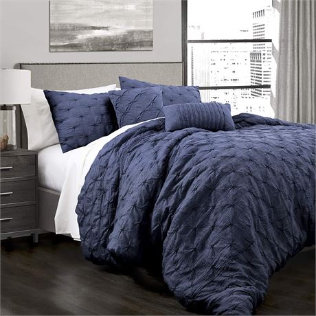 Lush Decor Ravello Pintuck 5 Piece Comforter Set with Pillow Shams, King, Navy