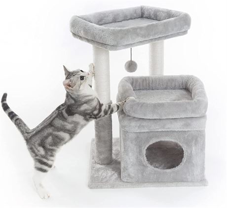 Pesofer Small Cat Tower with Dangling Ball and Perch, Light Gray