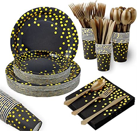 VPlus 175-Piece Disposble Party Dinnerware, Black/Gold