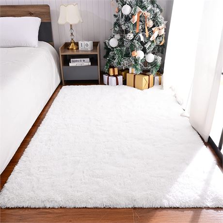 Fluffy Shag Bedroom Rug, 4x6 Feet White Area Rug