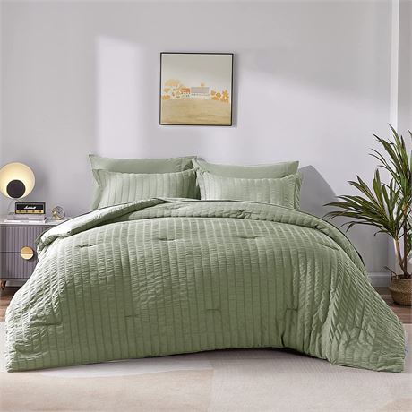 CozyLux Queen Seersucker Comforter Set with Sheets Sage Green