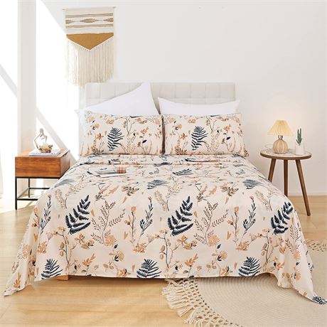 KOMFOR 4 Piece Bed Set, Queen, Floral Leaves