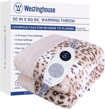 Westinghouse Heated Throw Blanket, Brown Leopard, 50x60