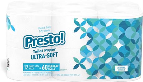 Presto! 2-Ply Sheet Mega Roll Toilet Paper 12 Rolls (2 Packs of 6)