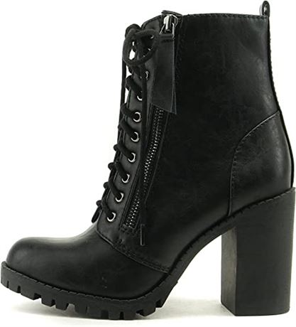 Soda Malia Round Toe Stacked Lug Heel Lace Up Ankle Booties