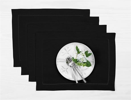 Solino Home Black Linen Placemats 14 x 19 Inch Hemstitch Placemats, 4-Pack