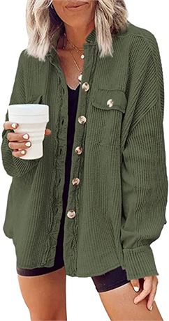 Yanekop Womens Waffle Knit Shacket Shirt Jacket Button Down Blouse Army Green