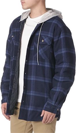 Wrangler Authentics Men's Flannel Shirt Jacket with Hood, Large, Navy