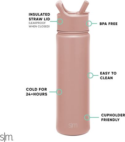 Simple Modern Water Bottle with Straw, 22oz, Mauve Me