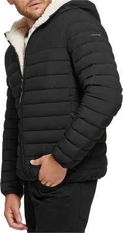 Calvin Klein Men's Hooded Down Jacket Quilted Coat Sherpa Lined, Size XL, Black