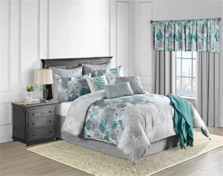 Lanwood Home Claire Cotton 10-Piece Comforter Set, Teal Floral, King