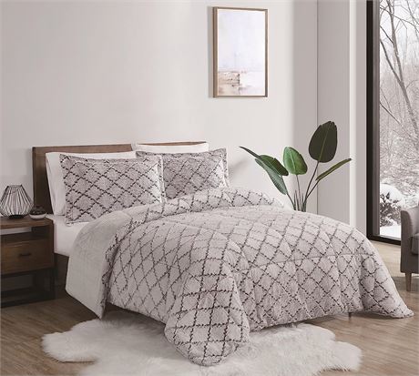 LONDON FOG Textured Ogee Collection, 3pc Comforter Set, Full/Queen, Grey