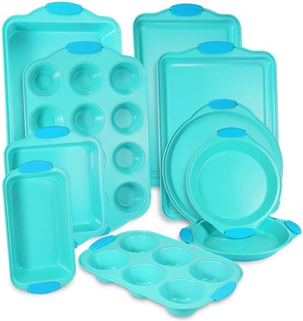 Unbranded 10-Piece Metal Bakeware Set with Silicone Handles, Aqua Blue