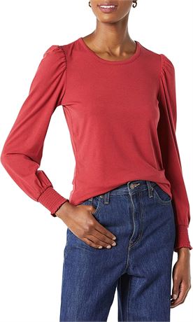 Amazon Essentials Women's Long-Sleeve Crewneck Cuff Shirt - Red - Large